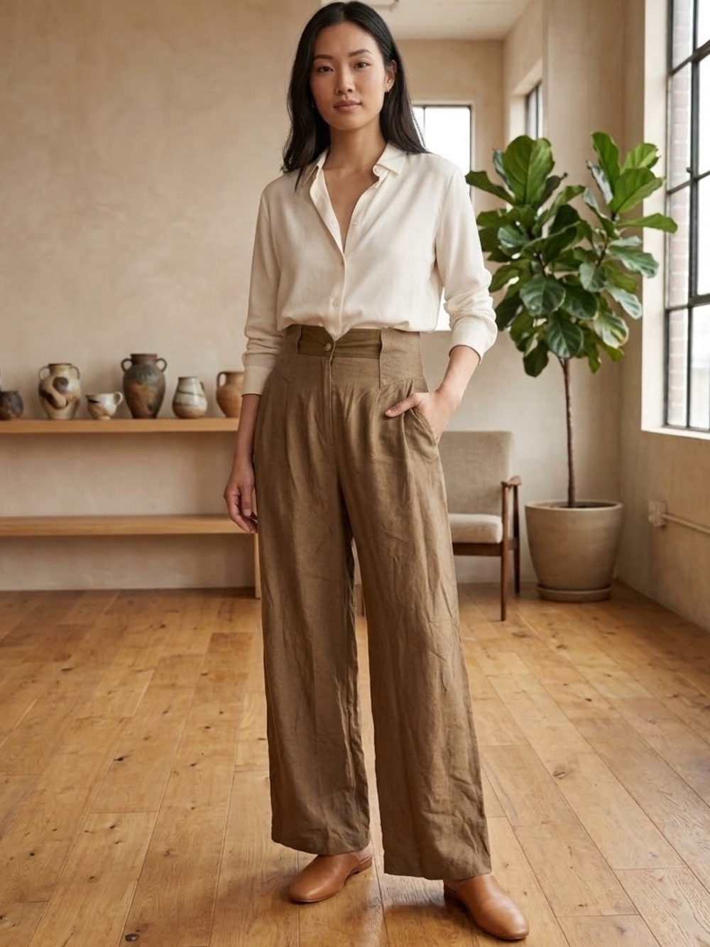 Vintage European 90’s Raw Silk, High-Waisted Wide-Leg Pants, size small - Picture 3 of 9